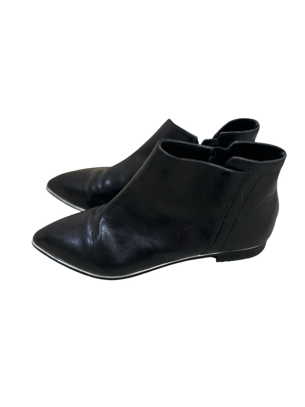 Kenneth Cole catch Fast Black Pointed Toe Leather Ankle Booties silver trim 7.5